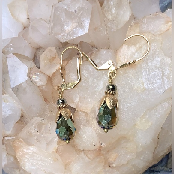 Minimalist Handcrafted Green and Gold Tone Lever Back Earrings - Picture 4 of 4